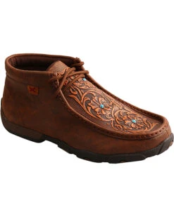 Twisted X Women's Brown Tooled Flowers Driving Moccasins - Moc Toe